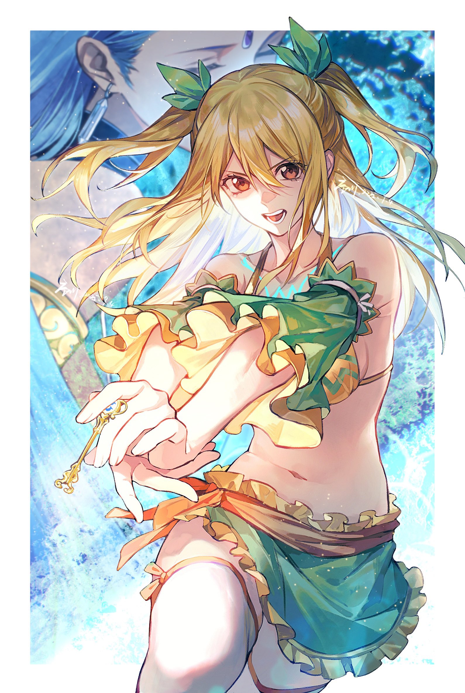 xuchuan, aquarius (fairy tail), lucy heartfilia, fairy tail, commentary request, highres, 2girls, artist name, bikini, blonde hair, blue hair, border, breasts, collarbone, dated, earrings, forehead jewel, frills, green ribbon, hair between eyes, hair ribbon, holding, holding key, jewelry, key, knee up, long hair, looking at viewer, multiple girls, navel, open mouth, outstretched arms, own hands together, red eyes, ribbon, sideboob, skirt, solo focus, swimsuit, teeth, two side up, white border