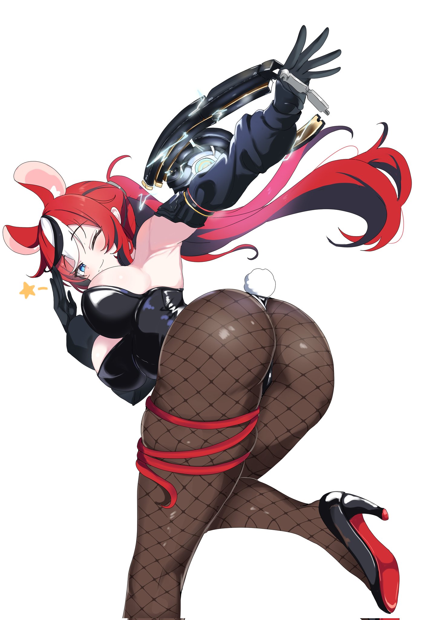 cafelittle, hakos baelz, hololive, hololive english, stellar blade, commentary, english commentary, highres, animal ears, armpits, ass, black gloves, black hair, blue eyes, breasts, colored tips, detached sleeves, electric whip, eyebrows hidden by hair, feet out of frame, fishnets, gloves, high heels, holding, holding whip, leaning back, long hair, looking at viewer, medium breasts, mouse ears, mouse girl, mouse tail, multicolored hair, one eye closed, playboy bunny, ponytail, rabbit tail, red hair, salute, simple background, smile, standing, standing on one leg, star (symbol), streaked hair, tail, virtual youtuber, whip, white background, white hair