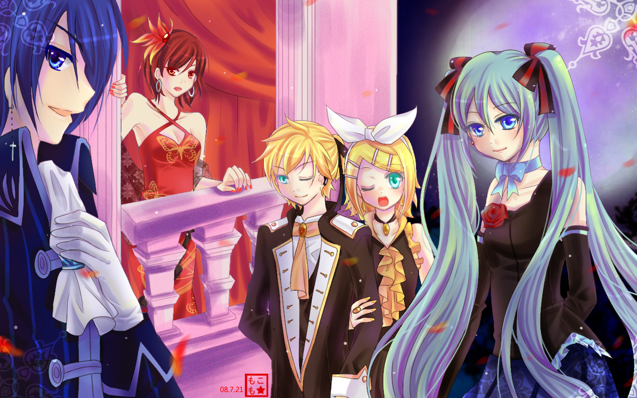 momoko (momoko14), momoko (pixiv), hatsune miku, kagamine len, kagamine rin, kaito (vocaloid), meiko (vocaloid), vocaloid, bad id, bad pixiv id, 2boys, 3girls, aqua hair, formal clothes, hair ribbon, multiple boys, multiple girls, nail polish, one eye closed, red nails, ribbon, twintails, wink, yellow nails