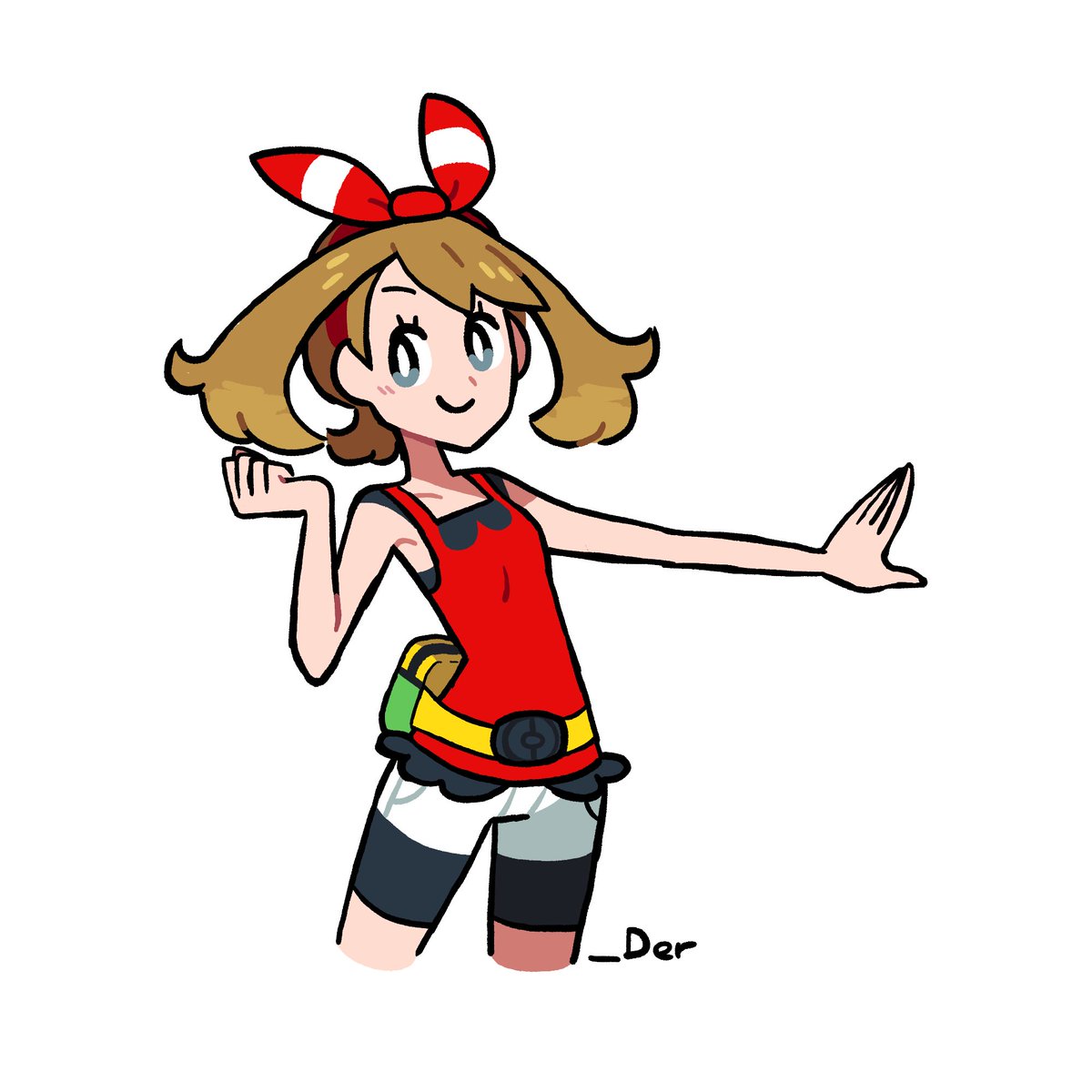 may (pokemon), nintendo, pokemon, pokemon oras, highres, 1girl, artist name, black shorts, bow, bow hairband, brown hair, closed mouth, ddder, fanny pack, grey eyes, hair bow, hairband, looking at viewer, red bow, red hairband, red shirt, shirt, shorts, sleeveless, sleeveless shirt, smile, solo, white background