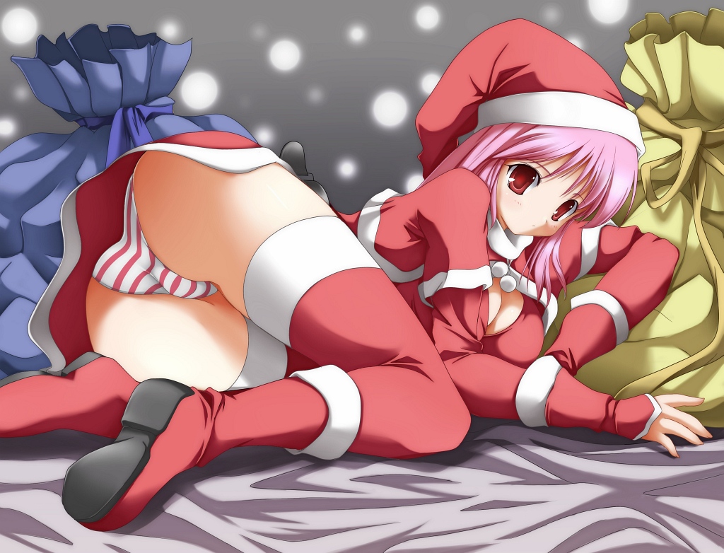 ashita yaru, 1girl, ass, bag, boots, breasts, christmas, cleavage, female focus, hat, medium breasts, panties, pink hair, red eyes, sack, santa costume, santa hat, solo, striped clothes, striped panties, thigh boots, thighhighs, underwear