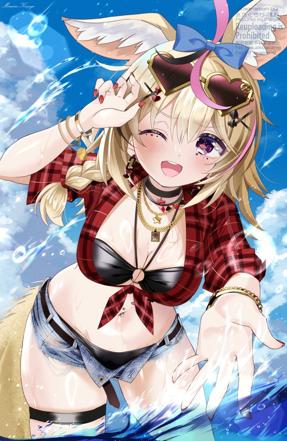 mizuno kurage, omaru polka, hololive, highres, 1girl, animal ears, bikini, bikini under clothes, black bikini, blonde hair, blue shorts, breasts, cowboy shot, denim, denim shorts, fox ears, fox girl, fox tail, heart, heart-shaped pupils, medium breasts, multicolored hair, one eye closed, pink hair, red shirt, shirt, short shorts, shorts, solo, streaked hair, swimsuit, symbol-shaped pupils, tail, tied shirt, two-tone hair, virtual youtuber, water, wet