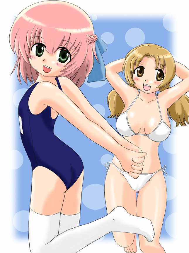 marison (aono107), ultramarine, original, 2girls, arms up, bikini, blush, brown eyes, brown hair, cameltoe, flat chest, green eyes, multiple girls, one-piece swimsuit, open mouth, pink hair, school swimsuit, short hair, side-tie bikini bottom, smile, string bikini, swimsuit, thighhighs, twintails