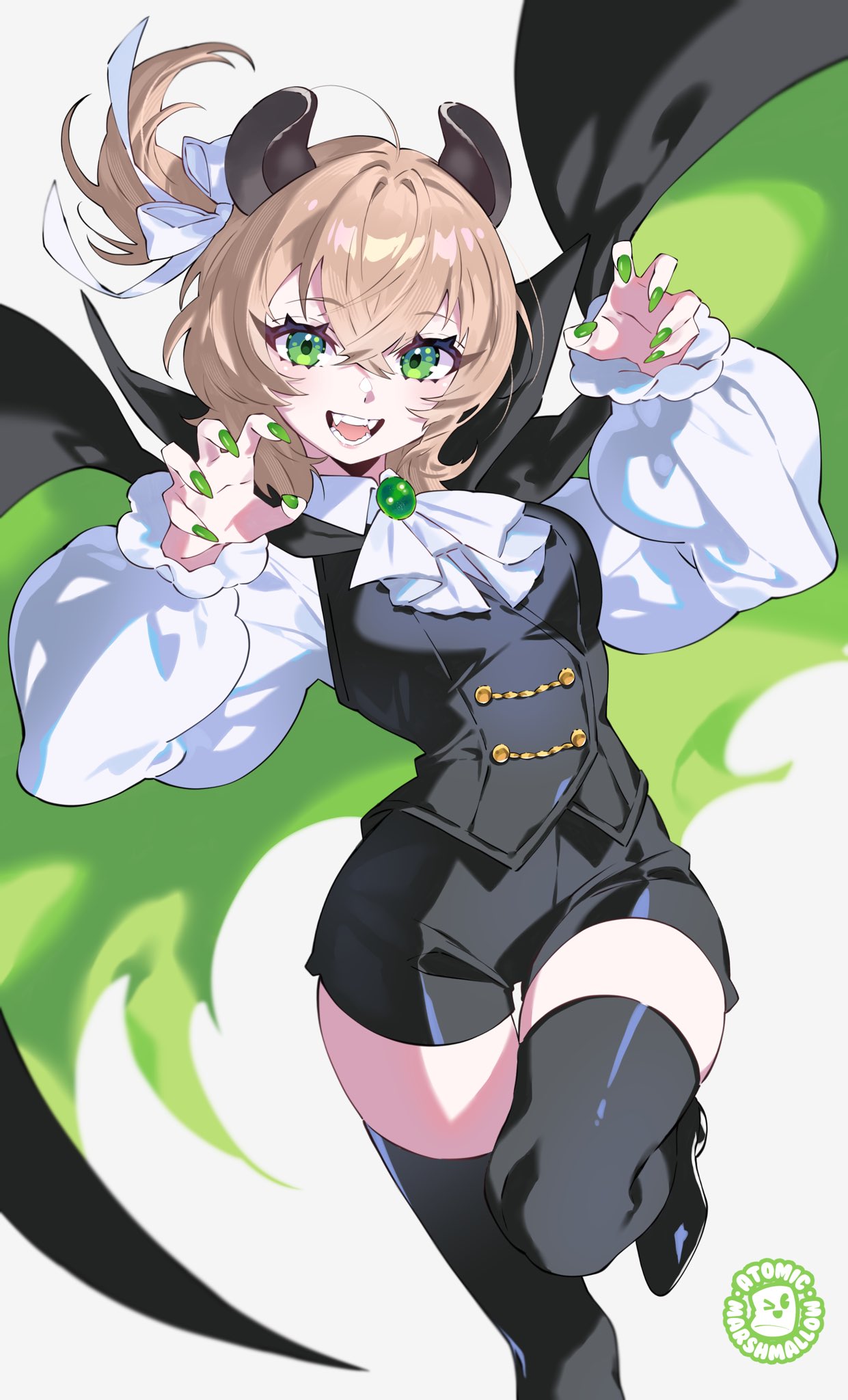 atomicmrshmallw, nimi nightmare, highres, animal ears, brown hair, cape, fingernails, green eyes, green nails, hair ribbon, nail polish, ribbon, sharp fingernails, sharp teeth, tapir, teeth, thighhighs, vampire, vampire costume, virtual youtuber