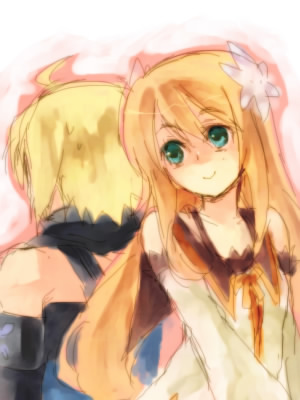 emil castagnier, marta lualdi, tales of (series), tales of symphonia, tales of symphonia: dawn of the new world, lowres, 00s, 1boy, 1girl, blonde hair, blue eyes, brown hair, couple, flower, hair ornament, hetero, long hair, scarf, smile