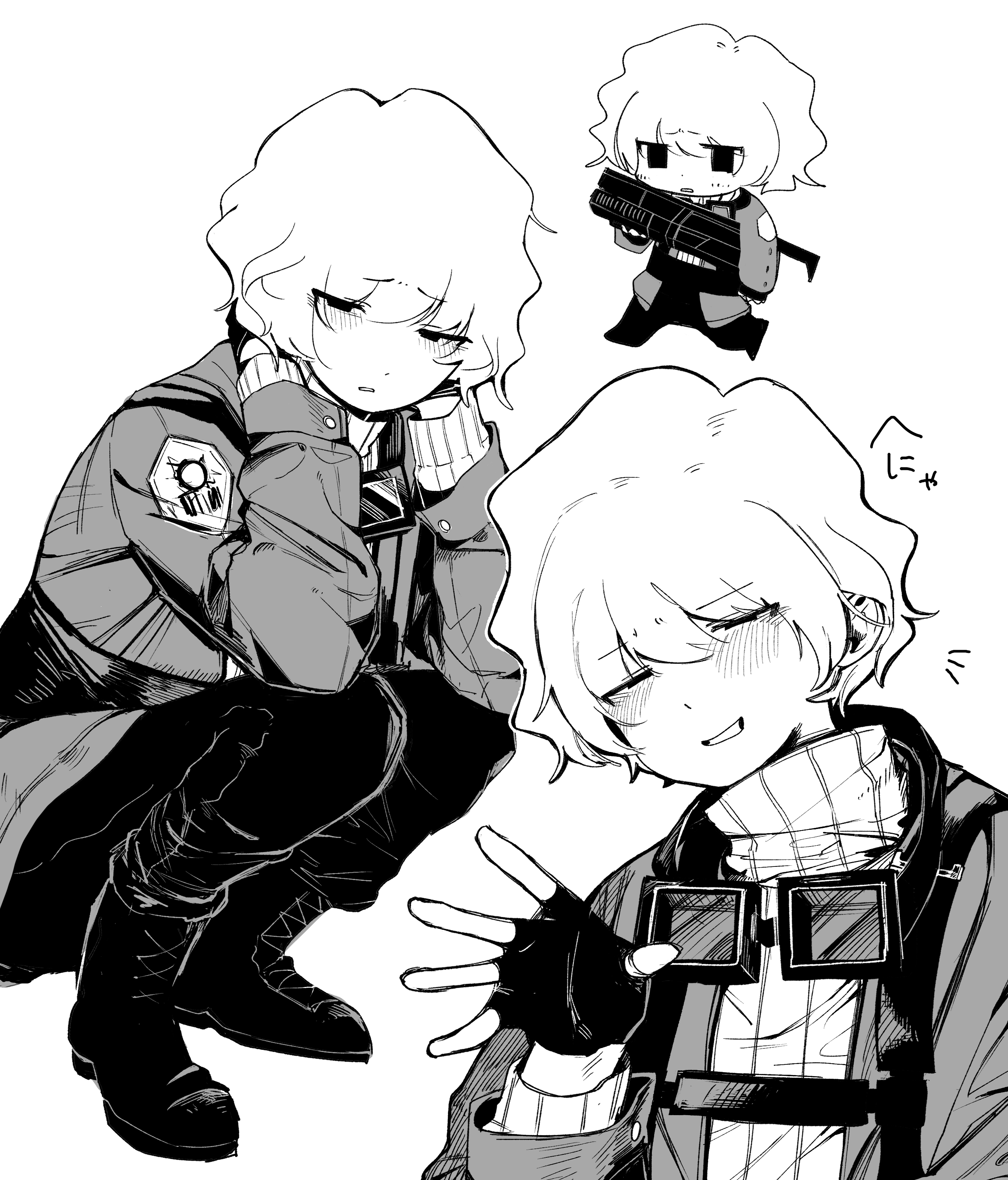 stephan (project moon), library of ruina, project moon, absurdres, highres, 1boy, anoon133, boots, chibi, chibi inset, fingerless gloves, gloves, goggles, goggles around neck, gun, holding, holding gun, holding weapon, jacket, long sleeves, male focus, monochrome, multiple views, pants, pants tucked in, ribbed sweater, short hair, simple background, sweater, weapon