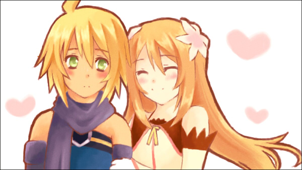 daybreak, emil castagnier, marta lualdi, tales of (series), tales of symphonia, tales of symphonia: dawn of the new world, 00s, 1boy, 1girl, blonde hair, blush, brown hair, couple, flower, gloves, green eyes, hair ornament, heart, hetero, long hair, scarf, smile