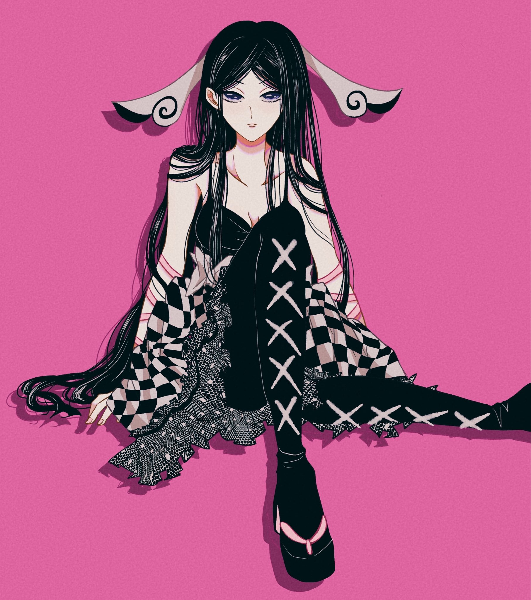 teibo (t bowwow), valerie (pokemon), nintendo, pokemon, pokemon legends: z-a, highres, 1girl, black dress, boots, collarbone, dress, full body, high heel boots, high heels, long hair, looking at viewer, official alternate costume, parted bangs, parted lips, pink background, purple eyes, sitting, solo, very long hair