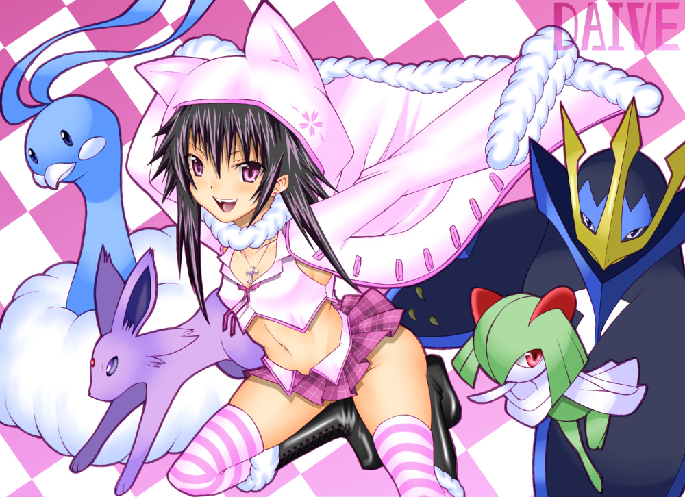 daive, altaria, empoleon, espeon, kirlia, nintendo, pixiv trainer, pokemon, bad id, bad pixiv id, 1girl, black hair, boots, earrings, gen 2 pokemon, gen 3 pokemon, gen 4 pokemon, jewelry, long hair, midriff, miniskirt, necklace, no panties, pink eyes, pokemon (creature), skirt, striped clothes, striped thighhighs, thighhighs, zettai ryouiki