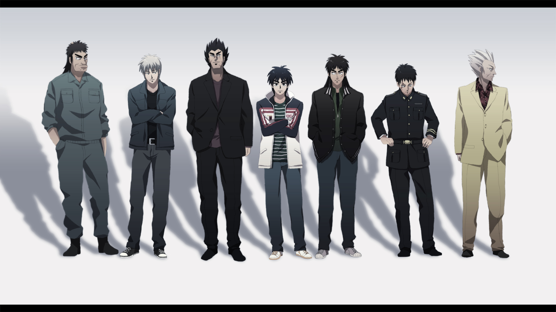 budou jelly, ten, akagi shigeru, hirai ginji, itou kaiji, kudou gai, kurosawa (saikyou densetsu kurosawa), ten takashi, ukai zero, akagi, akagi: yami ni oritatta tensai, buraiden gai, fukumoto mahjong, ghost in the shell, ghost in the shell: stand alone complex, gin to kin, kaiji, saikyou densetsu kurosawa, ten (manga), tobaku haouden zero, bad id, bad pixiv id, highres, 6+boys, creator connection, ghost in the shell lineup, letterboxed, lineup, male focus, multiple boys, parody