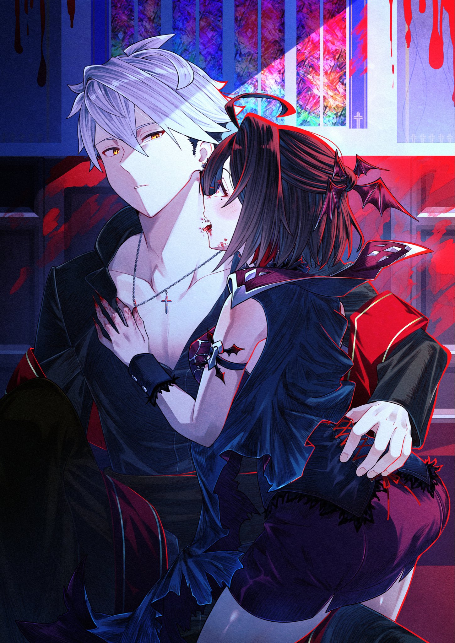 rgbjt, rutger arendt, yumia liessfeldt, atelier (series), atelier yumia, commentary request, highres, 1boy, 1girl, ahoge, ass, blood, blood on wall, couple, cross, cross necklace, hair between eyes, halloween, halloween costume, hetero, indoors, jewelry, looking at another, necklace, pectoral cleavage, pectorals, short hair, shorts, sitting, undercut, white hair, yellow eyes