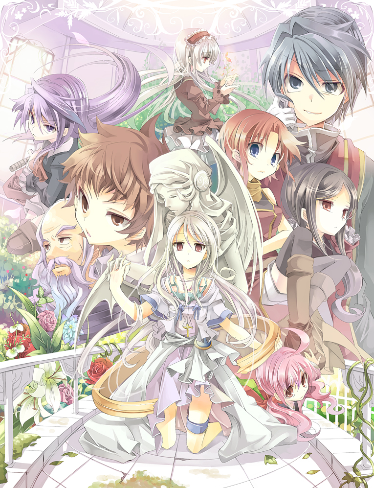 fruit punch, original, bad id, bad pixiv id, 3boys, 6+girls, dress, everyone, flower, headdress, long hair, multiple boys, multiple girls, statue