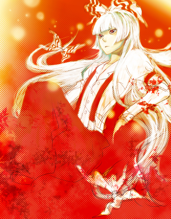 64 (artist), fujiwara no mokou, touhou, 1girl, bow, buttons, expressionless, female focus, hair bow, long hair, long sleeves, looking afar, pants, red eyes, shirt, solo, suspenders, very long hair, white bow, white hair, white shirt