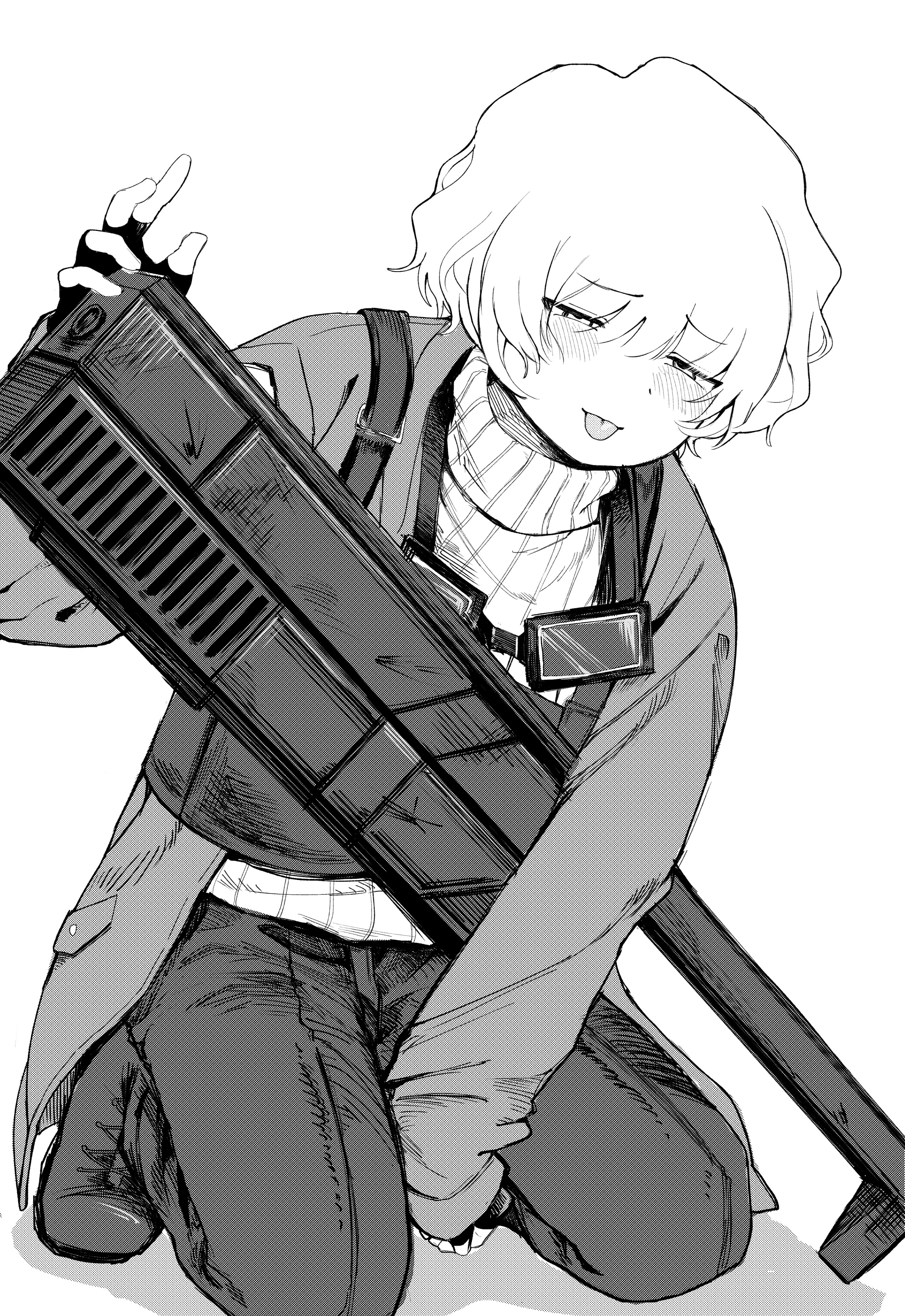 stephan (project moon), library of ruina, project moon, absurdres, commentary, highres, 1boy, anoon133, fingerless gloves, gloves, goggles, goggles around neck, gun, holding, holding gun, holding weapon, kneeling, long sleeves, male focus, monochrome, pants, ribbed sweater, short hair, shoulder strap, simple background, sweater, tongue, tongue out, weapon