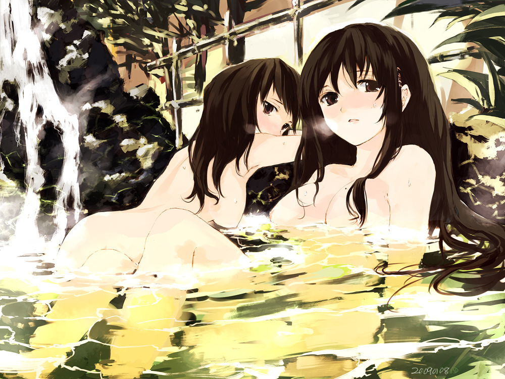 mo, shunsei (muratou), bad id, bad pixiv id, 2girls, breasts, brown eyes, brown hair, large breasts, long hair, multiple girls, nipples, nude, onsen, water