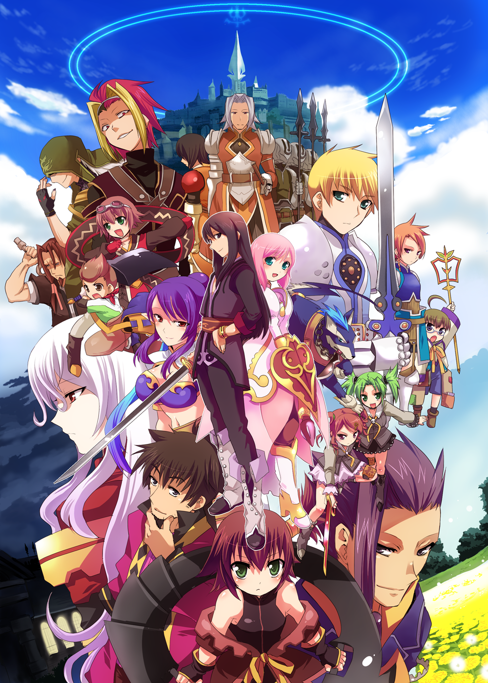 aro, ya (pixiv), alexei dinoia, droite (tales), duke pantarei, estellise sidos heurassein, flynn scifo, gauche (tales), judith (tales), karol capel, nan (tales), raven (tales), rita mordio, schwann oltorain, sodia (tales), tison (tales), witcher (tales), yeager (tales), yuri lowell, zagi (tales), tales of (series), tales of vesperia, bad id, bad pixiv id, highres, 00s, 6+boys, 6+girls, absolutely everyone, armor, black hair, blonde hair, breasts, brown hair, cleavage, dagger, dog, everyone, fingerless gloves, glasses, gloves, green eyes, green hair, happy, knife, large breasts, long hair, medium breasts, multicolored hair, multiple boys, multiple girls, open mouth, pink hair, pointy ears, purple hair, red eyes, red hair, rod, short hair, small breasts, smile, streaked hair, sword, weapon, white hair