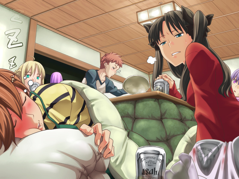 nazo kichi, artoria pendragon (fate), emiya shirou, fujimura taiga, matou sakura, medusa (fate), medusa (rider) (fate), saber (fate), tohsaka rin, fate/stay night, fate (series), 00s, 1boy, 5girls, alcohol, beer, closed eyes, drunk, kotatsu, multiple girls, sleeping, table, twintails, two side up