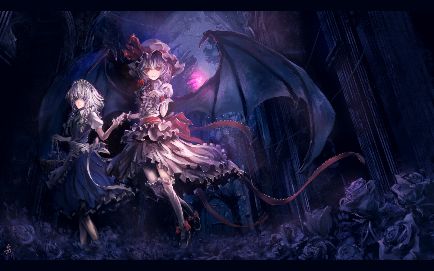 archlich, izayoi sakuya, remilia scarlet, touhou, 2girls, basket, bat wings, braid, female focus, floating, flower, frills, goth fashion, hat, holding hands, moon, multiple girls, red eyes, rose, thighhighs, too many, twin braids, wings