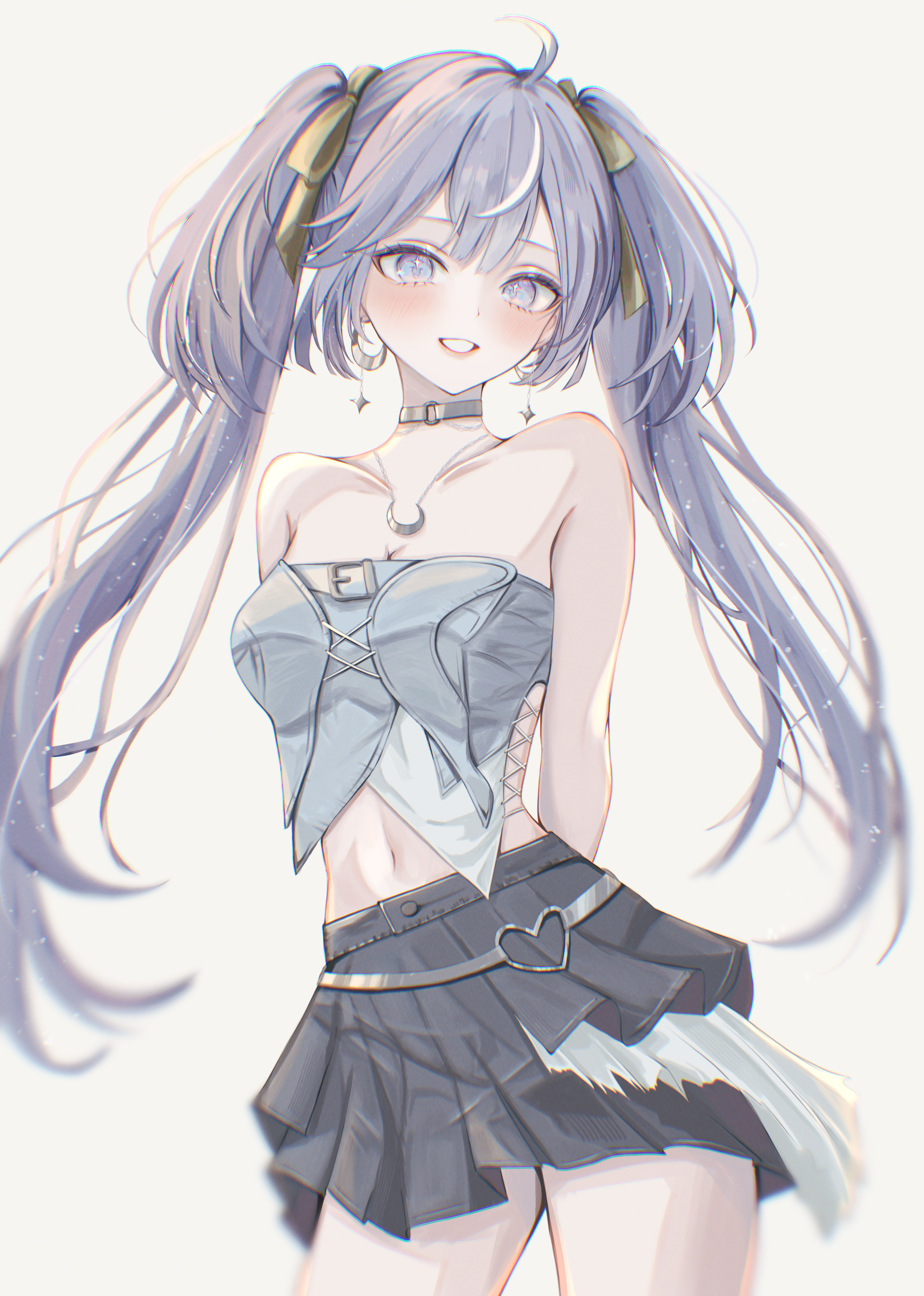 iuno (wuthering waves), wuthering waves, absurdres, commentary, highres, 0 tsunamayo 0, 1girl, ahoge, bare shoulders, black skirt, blue eyes, blue hair, blue shirt, breasts, choker, cleavage, cowboy shot, crescent, crescent necklace, earrings, hair ribbon, jewelry, long hair, looking at viewer, medium breasts, midriff, multicolored hair, navel, necklace, o-ring, o-ring choker, off-shoulder shirt, off shoulder, official alternate costume, parted lips, ribbon, shirt, skirt, sleeveless, sleeveless shirt, smile, solo, streaked hair, twintails, very long hair, yellow ribbon