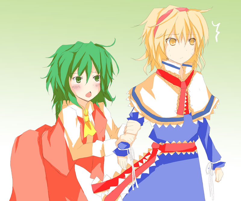 matsushita yuu, alice margatroid, kazami yuuka, touhou, arm grab, 2girls, ^^^, ascot, bent over, blonde hair, blush, chestnut mouth, female focus, gradient background, green eyes, green hair, hairband, multiple girls, ribbon, short hair, vest, yellow eyes