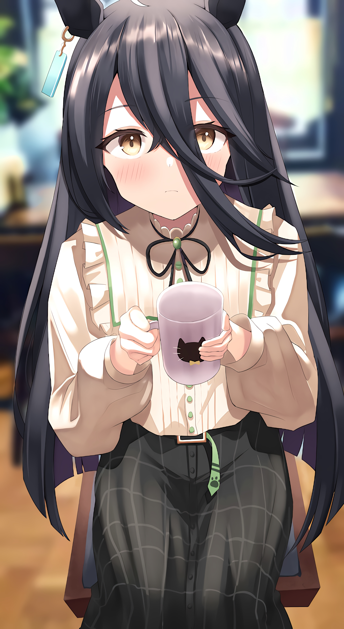 guram, manhattan cafe (casual) (umamusume), manhattan cafe (umamusume), umamusume, commentary request, highres, 1girl, ahoge, animal ear piercing, animal ears, animal print, black hair, black ribbon, blurry, blurry background, blush, buttons, casual, cat print, chair, closed mouth, colored inner hair, cup, frilled shirt, frills, green skirt, hair between eyes, holding, holding cup, horse ears, horse girl, long hair between eyes, long skirt, long sleeves, looking at viewer, multicolored hair, neck ribbon, plaid clothes, plaid skirt, purple hair, ribbon, shirt, shirt tucked in, sitting, skirt, solo, white shirt, white streaks, yellow eyes