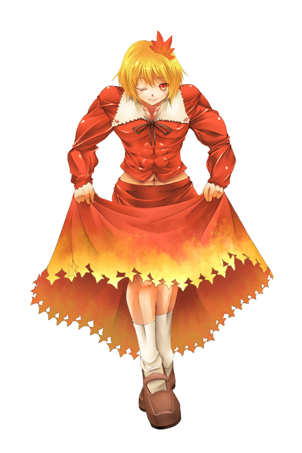kurokuro, aki shizuha, touhou, bad id, bad pixiv id, 1girl, clothes lift, curtsey, female focus, hair ornament, leaf hair ornament, mary janes, muscular, one eye closed, parody, ribbon, shoes, skirt, skirt hold, skirt lift, socks, solo, wink