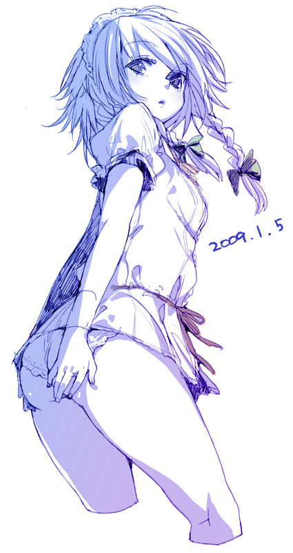 buriki, izayoi sakuya, touhou, 1girl, adjusting clothes, adjusting panties, ass, braid, cropped legs, dated, female focus, from below, looking back, maid headdress, monochrome, no pants, panties, solo, spot color, twin braids, underwear