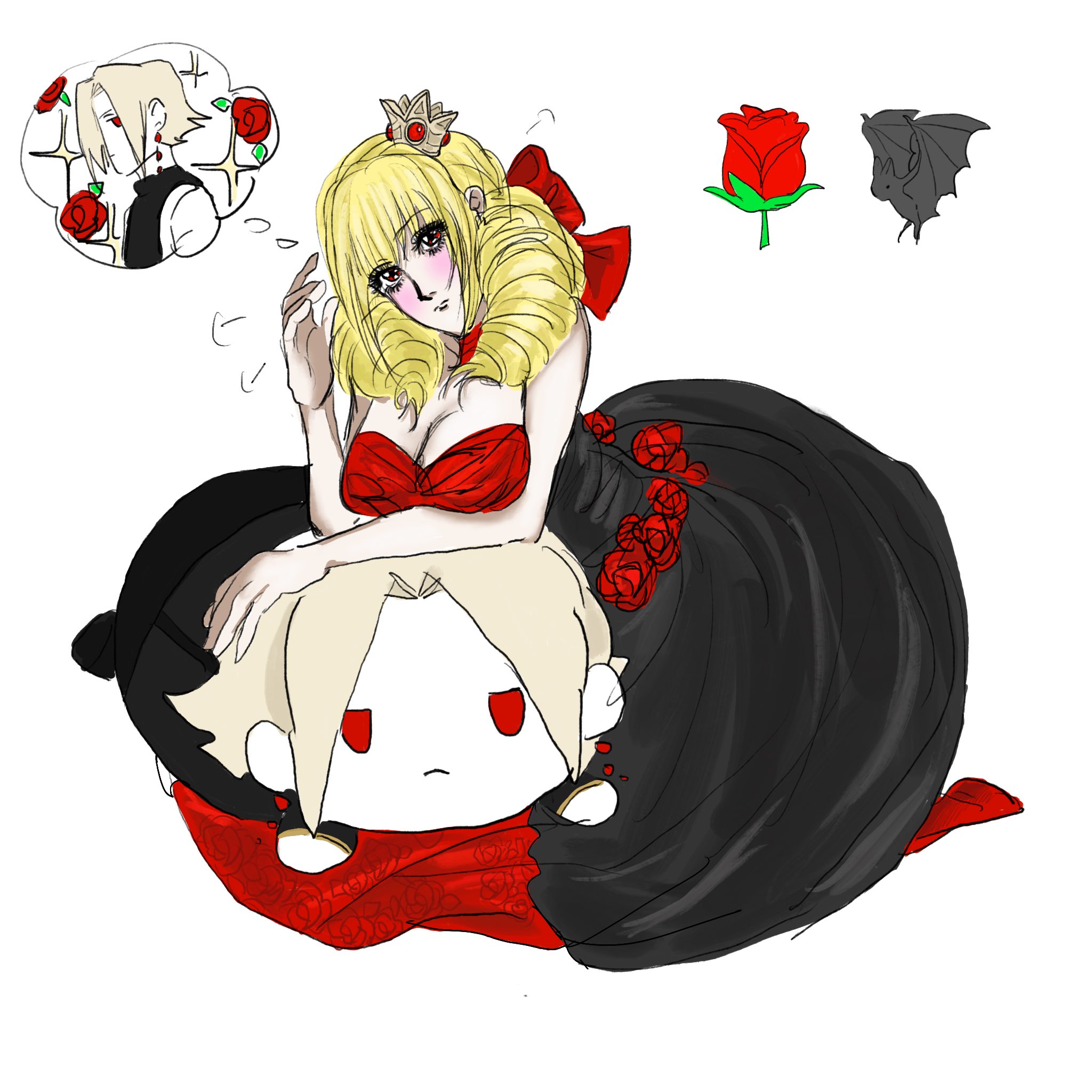 adelheid bernstein, rose bernstein, the king of fighters, 1girl, blonde hair, breasts, cerisierslove, crown, curly hair, dress, earrings, female focus, jewelry, large breasts, long hair, looking at viewer, pale skin, red eyes