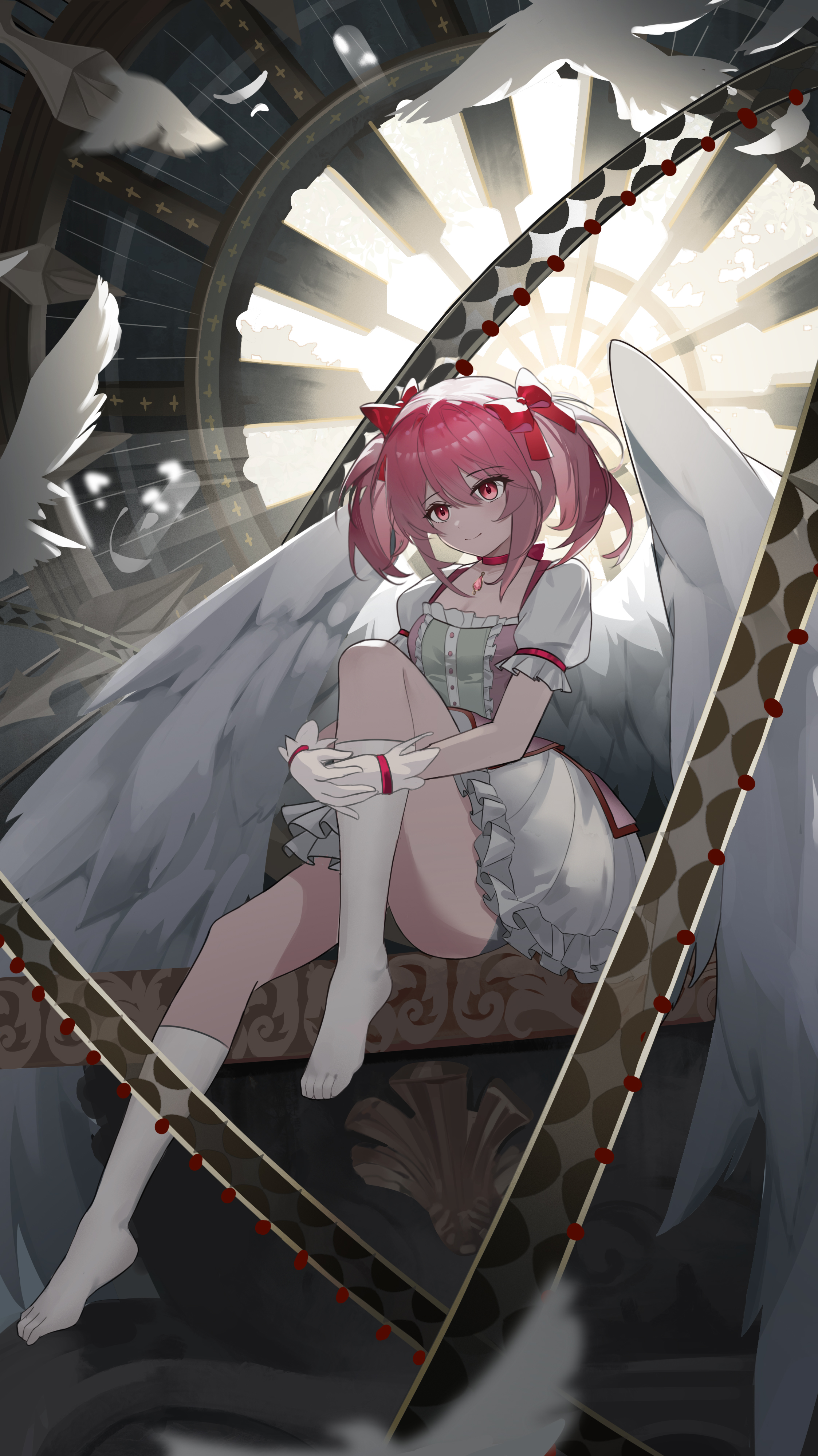 liangle (13777171889), kaname madoka, kaname madoka (magical girl), mahou shoujo madoka magica, mahou shoujo madoka magica (anime), absurdres, highres, 1girl, bird, bow, bow choker, bubble skirt, choker, dress, feathered wings, frilled dress, frilled gloves, frilled sleeves, frills, gloves, hair bow, knee up, magical girl, pink dress, pink eyes, pink hair, red bow, red choker, short twintails, sidelocks, skirt, socks, solo, twintails, white bird, white gloves, white socks, white wings, wings