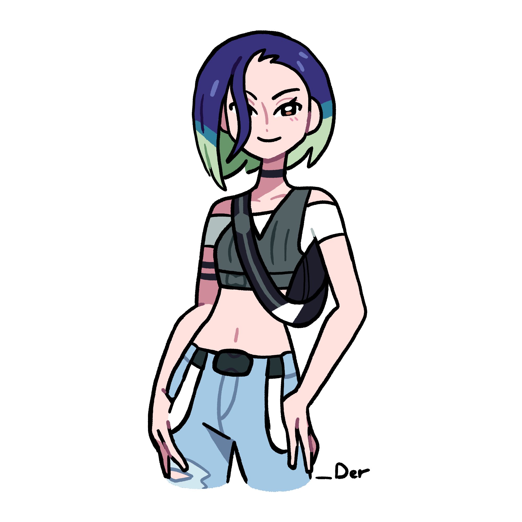 perrin (pokemon), nintendo, pokemon, pokemon sv, highres, 1girl, artist name, blue eyes, blue pants, closed mouth, crop top, ddder, green hair, hair over one eye, looking at viewer, midriff, multicolored hair, navel, pants, short hair, smile, solo, white background