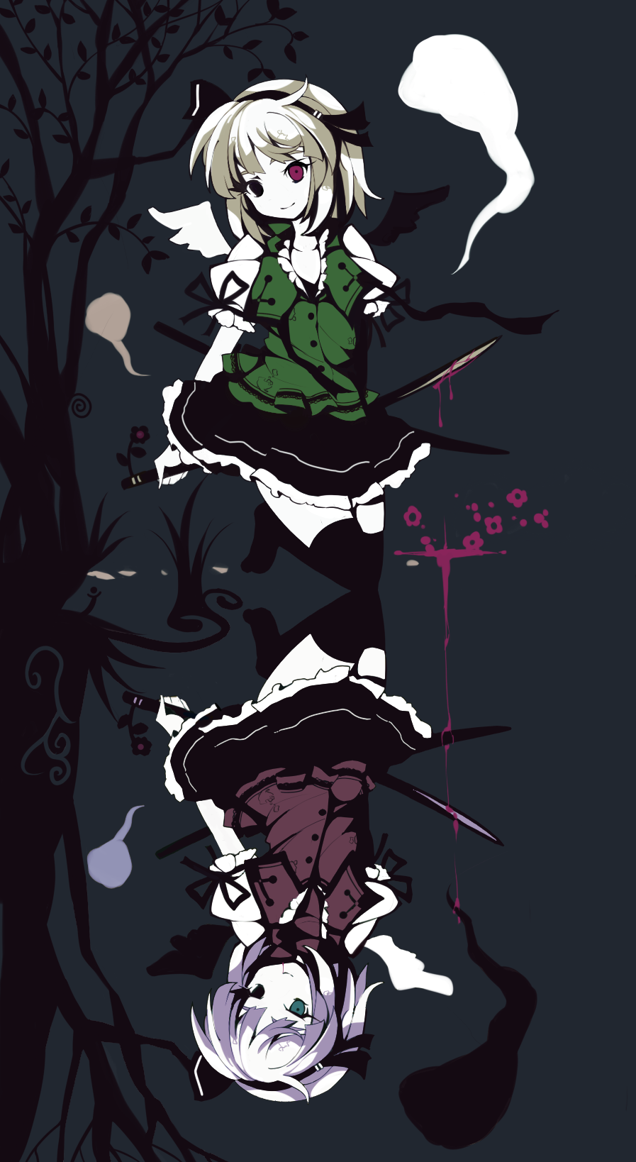 ideolo, konpaku youmu, konpaku youmu (ghost), touhou, highres, 1girl, alternate color, blood, dark, female focus, hitodama, katana, skirt, sword, symmetry, thighhighs, weapon