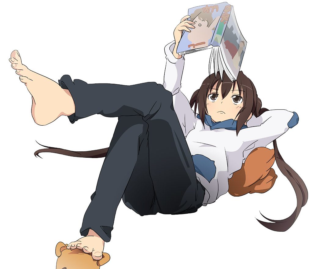 ixy, fujioka-kuma (minami-ke), minami kana, minami-ke, 00s, 1girl, barefoot, brown hair, crossed legs, feet, female focus, long hair, lying, on back, pillow, reading, sitting, solo, toes, twintails