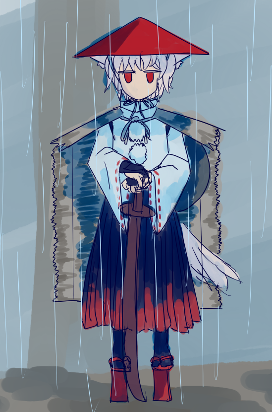miikkadd, inubashiri momiji, touhou, 1girl, animal ears, black skirt, conical hat, full body, geta, holding, holding sword, holding weapon, long sleeves, looking at viewer, planted, planted sword, planted weapon, pom pom (clothes), rain, red eyes, red shoes, red skirt, shoes, skirt, solo, straight-on, sword, tail, tengu-geta, two-tone skirt, weapon, white hair, wide sleeves, wolf ears, wolf girl, wolf tail, wooden sword