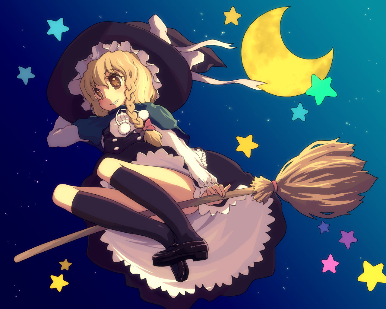 kimarin, kirisame marisa, touhou, 1girl, blonde hair, braid, broom, broom riding, brown eyes, brown hair, female focus, hat, moon, night, sidesaddle, sky, socks, solo, star (symbol), witch, witch hat