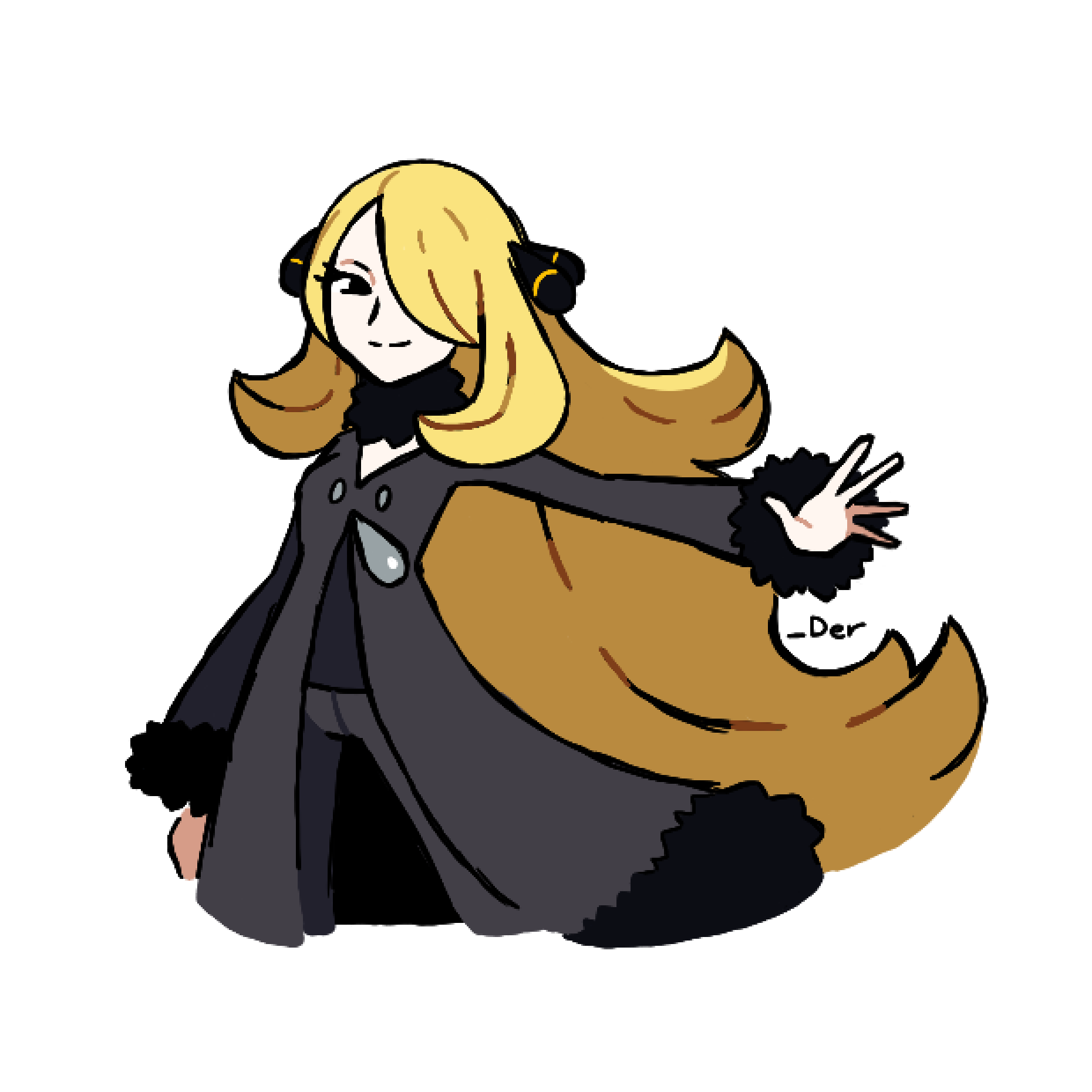 cynthia (pokemon), nintendo, pokemon, pokemon dppt, highres, 1girl, artist name, black coat, black pants, black shirt, blonde hair, closed mouth, coat, ddder, hair ornament, hair over one eye, long hair, long sleeves, looking at viewer, pants, shirt, smile, solo, very long hair, white background