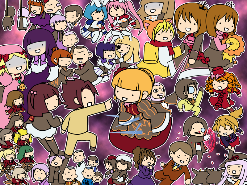 kashiwa kiseri, amakusa juuza, asmodeus (umineko), beatrice (umineko), beelzebub (umineko), belphegor (umineko), captain kawabata, chiester00, chiester410, chiester45, chiester556, chiester sisters, eva beatrice, frederica bernkastel, gaap (umineko), goatman (umineko), gouda toshirou, kanon (umineko), kumasawa chiyo, kumasawa sabakichi, lambdadelta, leviathan (umineko), lucifer (umineko), mammon (umineko), maria (umineko), nanjou masayuki, nanjou terumasa, okonogi tetsurou, professor ootsuki, ronoue genji, ronove (umineko), sakutarou (umineko), satan (umineko), shannon (umineko), stakes of purgatory, sumadera kasumi, ushiromiya ange, ushiromiya battler, ushiromiya eva, ushiromiya george, ushiromiya hideyoshi, ushiromiya jessica, ushiromiya kinzou, ushiromiya krauss, ushiromiya kyrie, ushiromiya maria, ushiromiya natsuhi, ushiromiya rosa, ushiromiya rudolf, virgilia (umineko), 07th expansion, no naku koro ni (series), umineko no naku koro ni, silver hair, 00s, 6+boys, 6+girls, :d, animal ears, blonde hair, blue hair, bow, brown hair, chibi, dress, drill hair, dual persona, everyone, formal clothes, green hair, hair bobbles, hair ornament, hat, long hair, monocle, multiple boys, multiple girls, open mouth, orange hair, pink hair, purple hair, red hair, scarf, short hair, smile, socks, suit, wide face