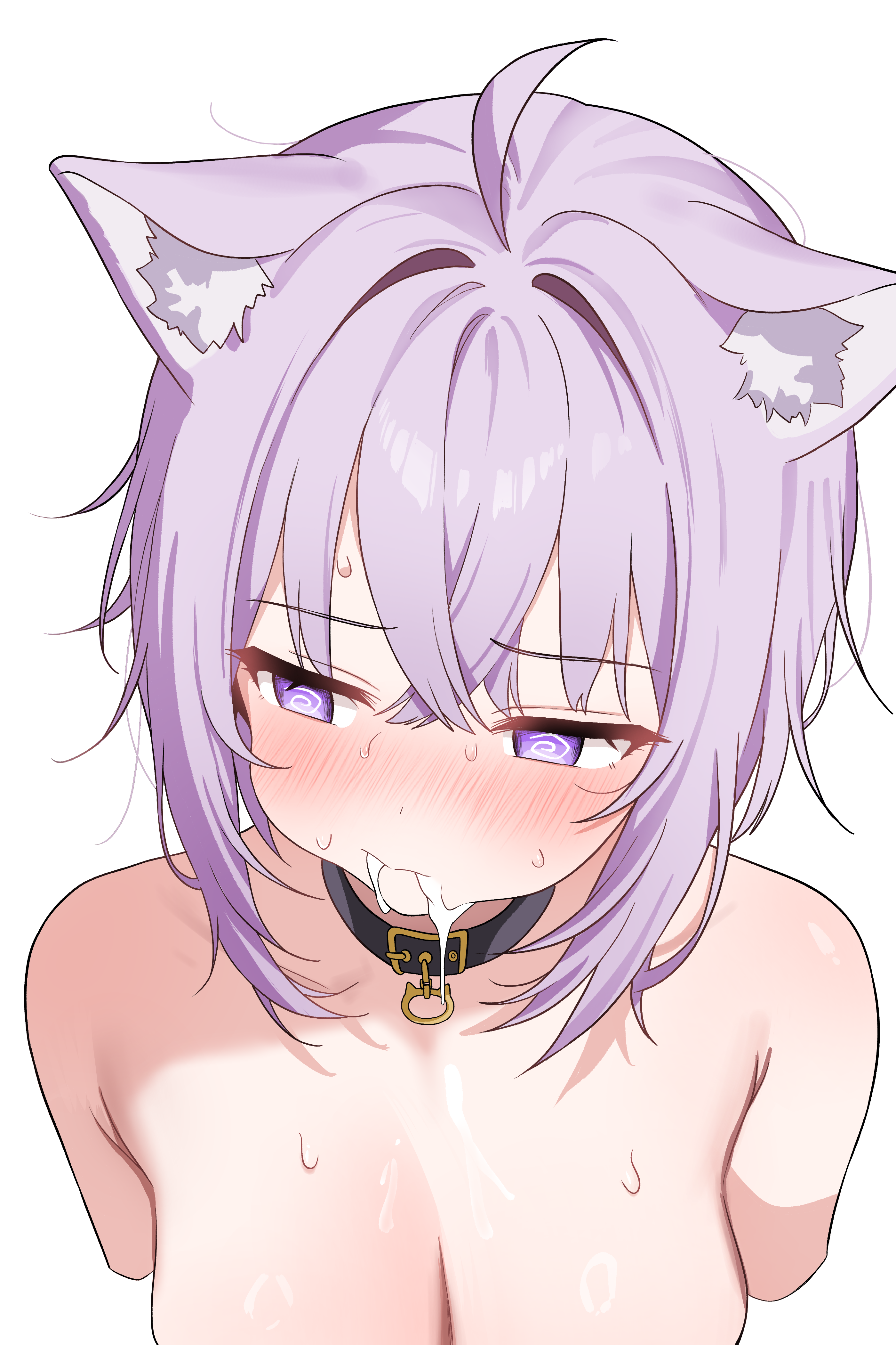 saho 4545, nekomata okayu, hololive, absurdres, highres, 1girl, @ @, animal ear fluff, animal ears, black choker, blush, breasts, cat ears, cat girl, choker, collarbone, cum, cum in mouth, large breasts, nude, purple eyes, purple hair, simple background, solo, sweat, upper body, virtual youtuber, white background