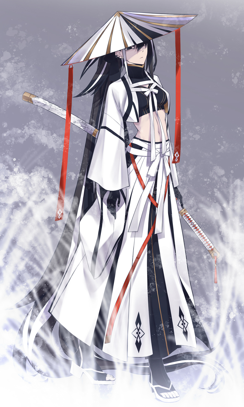 no mae (mikakatachi), kawakami gensai (fate), fate/grand order, fate (series), highres, 1girl, black eyes, black hair, breasts, hat, holding, holding sword, holding weapon, japanese clothes, kawakami gensai (third ascension) (fate), long hair, looking at viewer, medium breasts, multicolored hair, navel, scabbard, sheath, shrug (clothing), solo, sword, weapon, white hair, white hat, white shrug