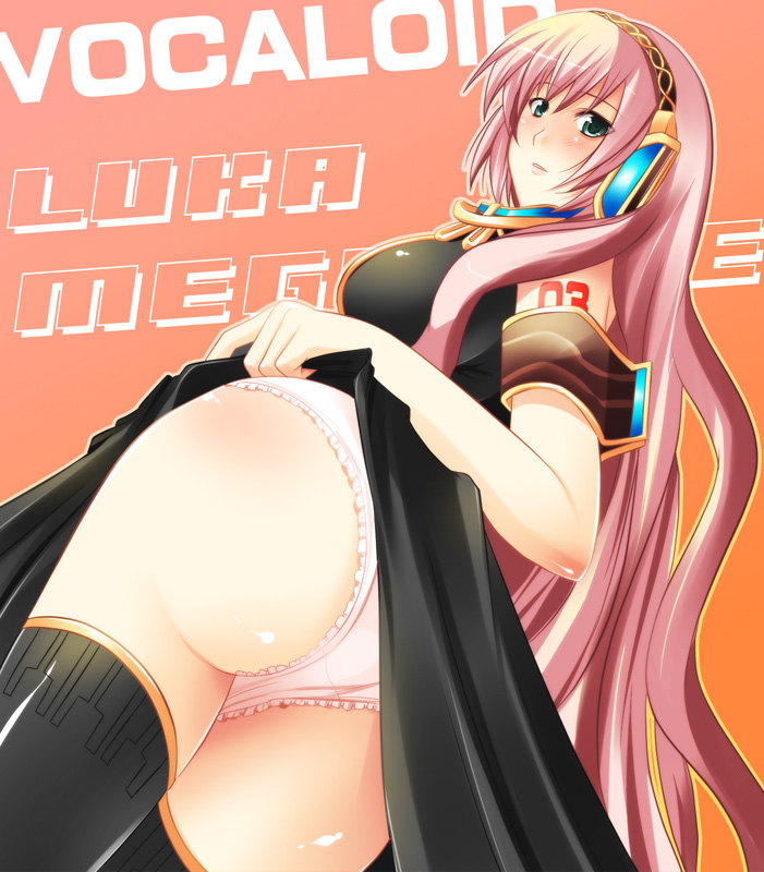 maki (seventh heaven maxion), megurine luka, vocaloid, 1girl, ass, breasts, clothes lift, female focus, green eyes, long hair, looking back, panties, pink hair, pink panties, skirt, skirt lift, solo, thighhighs, underwear, very long hair