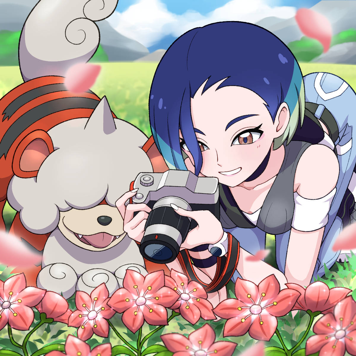 yuu (jgvj7873), hisuian growlithe, perrin (pokemon), nintendo, pokemon, pokemon sv, highres, 1girl, blue hair, blue pants, brown eyes, camera, flower, green hair, hair over one eye, holding, holding camera, multicolored hair, outdoors, pants, petals, pokemon (creature), short hair, smile