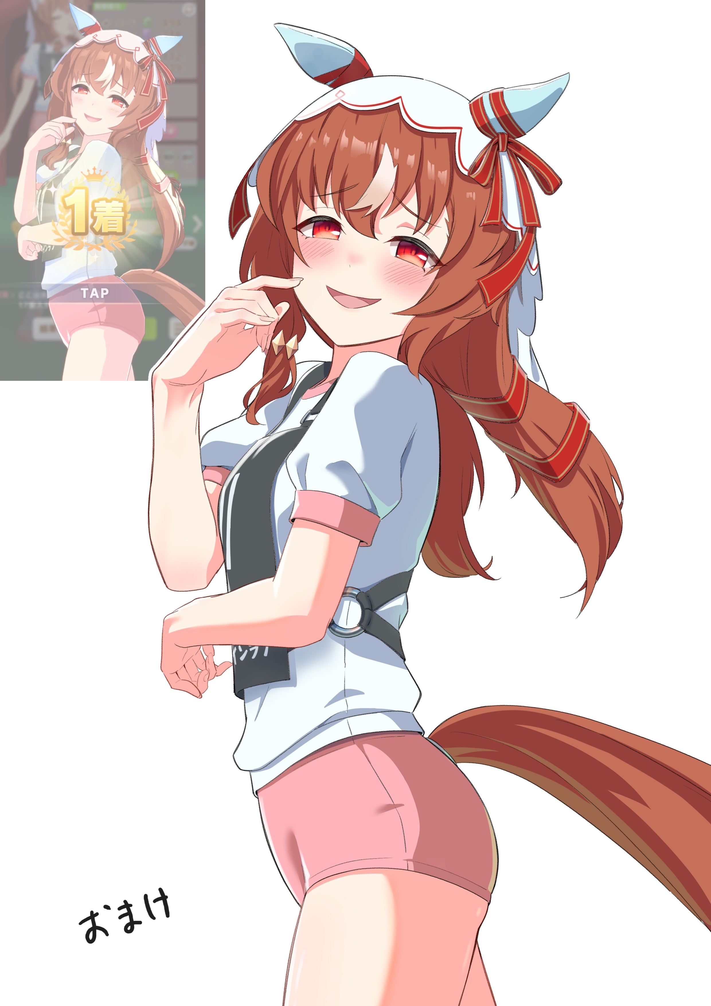 kazoku chicken, still in love (umamusume), umamusume, screencap, absurdres, commentary request, highres, photo-referenced, 1girl, alternate costume, animal ears, blunt bangs, blush, breasts, brown hair, buruma, grin, hair between eyes, hair ornament, horse ears, horse girl, horse tail, long hair, looking at viewer, open mouth, small breasts, smile, solo, tail, veil