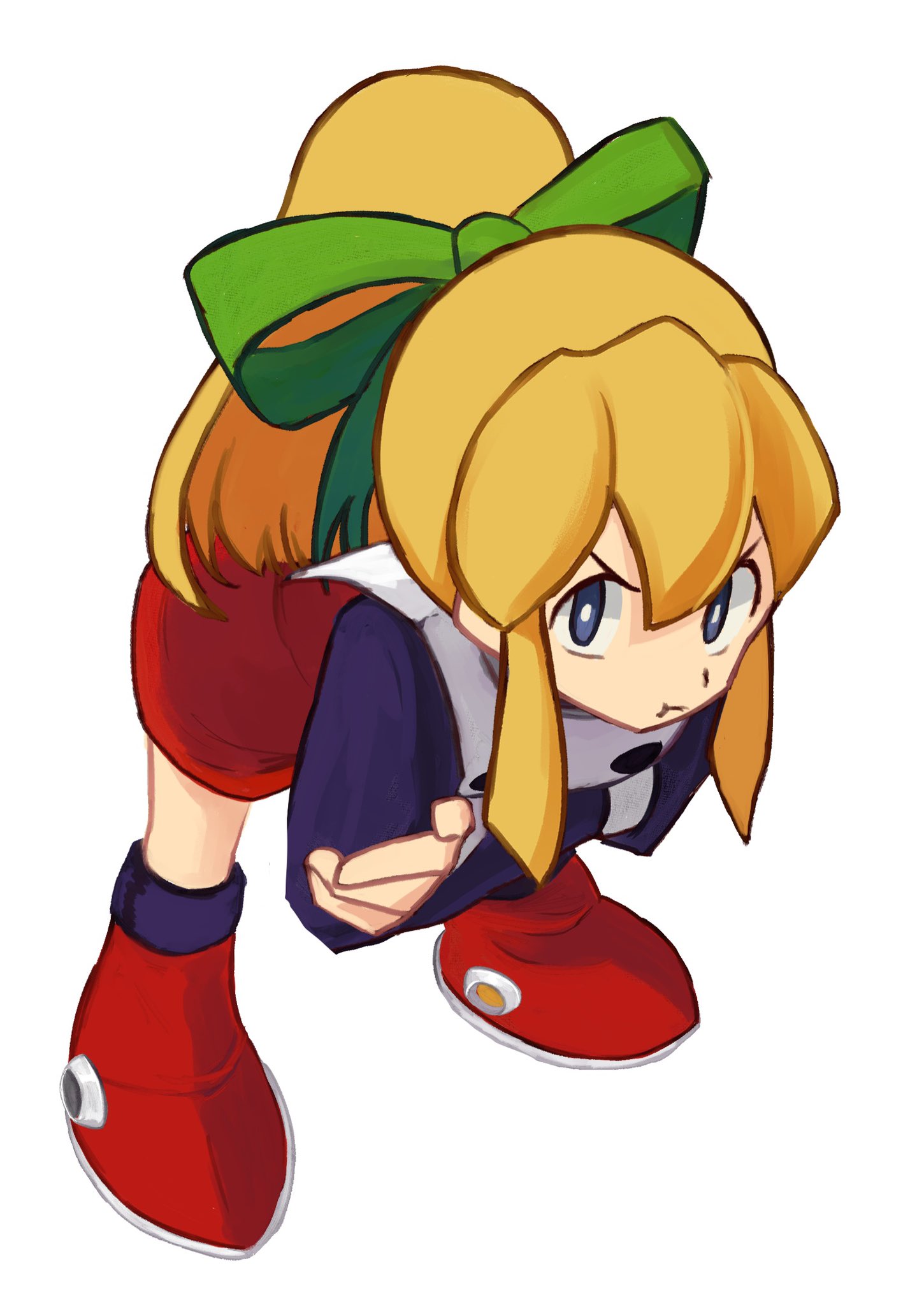tikuwabu 33, roll (mega man), mega man (classic), mega man (series), highres, 1girl, blonde hair, blue eyes, boots, bow, closed mouth, crossed arms, dress, full body, green bow, hair bow, leaning forward, long hair, long sleeves, looking at viewer, ponytail, pout, red boots, red dress, solo, white background