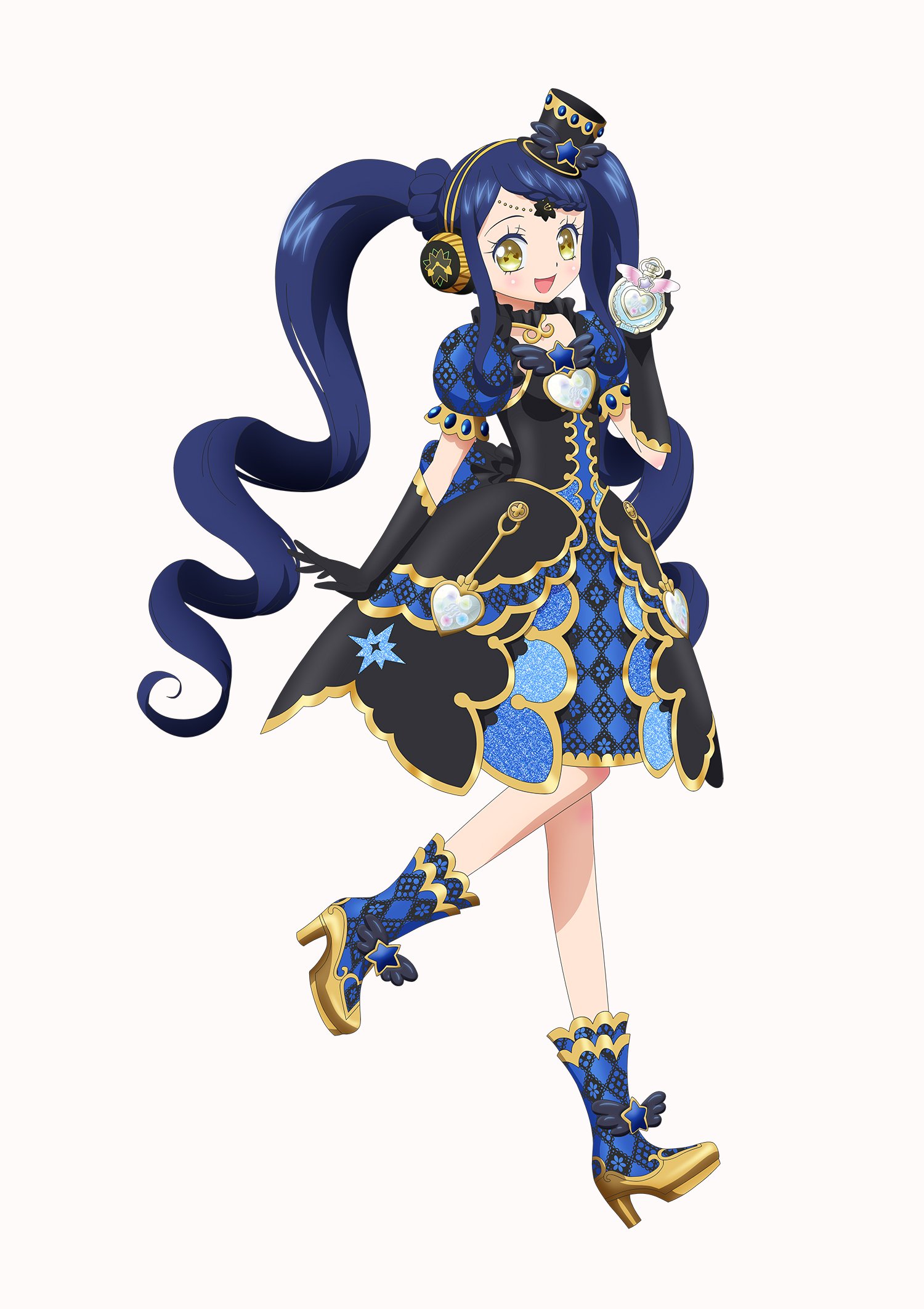 garara s leep, idol time pripara, pretty series, pripara, commentary request, highres, official art, second-party source, :d, black dress, black gloves, blue boots, blue dress, blue hair, boots, braid, braided bangs, dress, gloves, gold trim, hand up, hat, head chain, headphones, high heel boots, high heels, idol clothes, jewelry, long hair, looking at viewer, mini hat, mini top hat, open mouth, print dress, puffy short sleeves, puffy sleeves, short sleeves, smile, standing, standing on one leg, star (symbol), symbol-shaped pupils, tachi-e, top hat, twintails, very long hair, yellow eyes