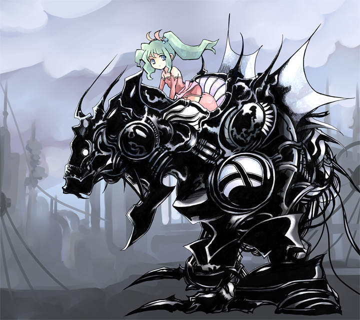 kouno hikaru, tina branford, final fantasy, final fantasy vi, bad id, bad pixiv id, 1990s (style), 1girl, blue eyes, female focus, green hair, magitek armor, mecha, outdoors, ponytail, retro artstyle, robot, sky, solo