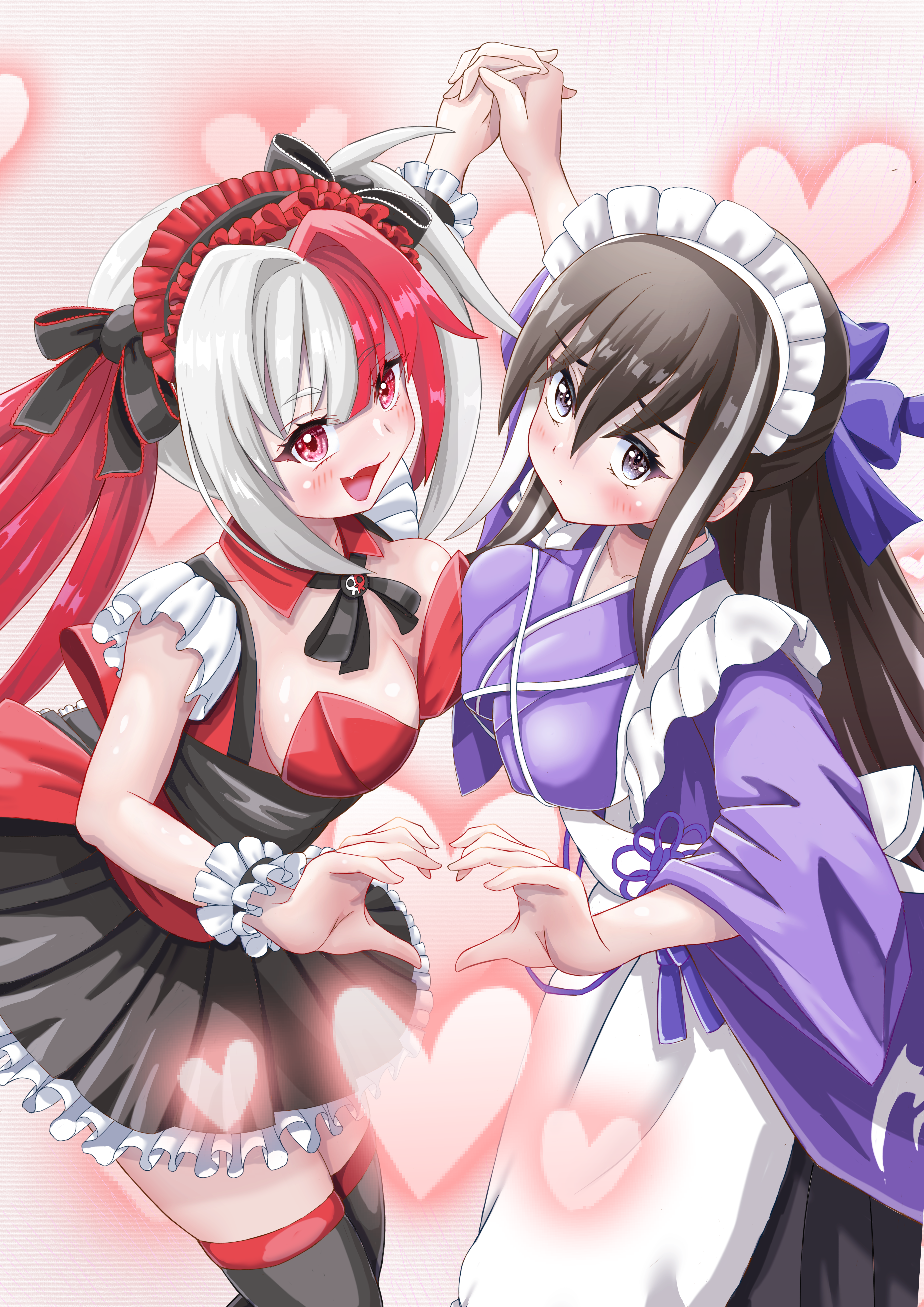 tdysho, kawakami gensai (fate), matsunaga hisahide (fate), fate/grand order, fate (series), absurdres, highres, apron, black eyes, black hair, black skirt, blush, breast press, breasts, cleavage, heart, heart hands, holding hands, kawakami gensai (second ascension) (fate), long hair, looking at viewer, maid, maid apron, maid headdress, medium breasts, multicolored hair, open mouth, red eyes, red hair, skirt, twintails, white hair