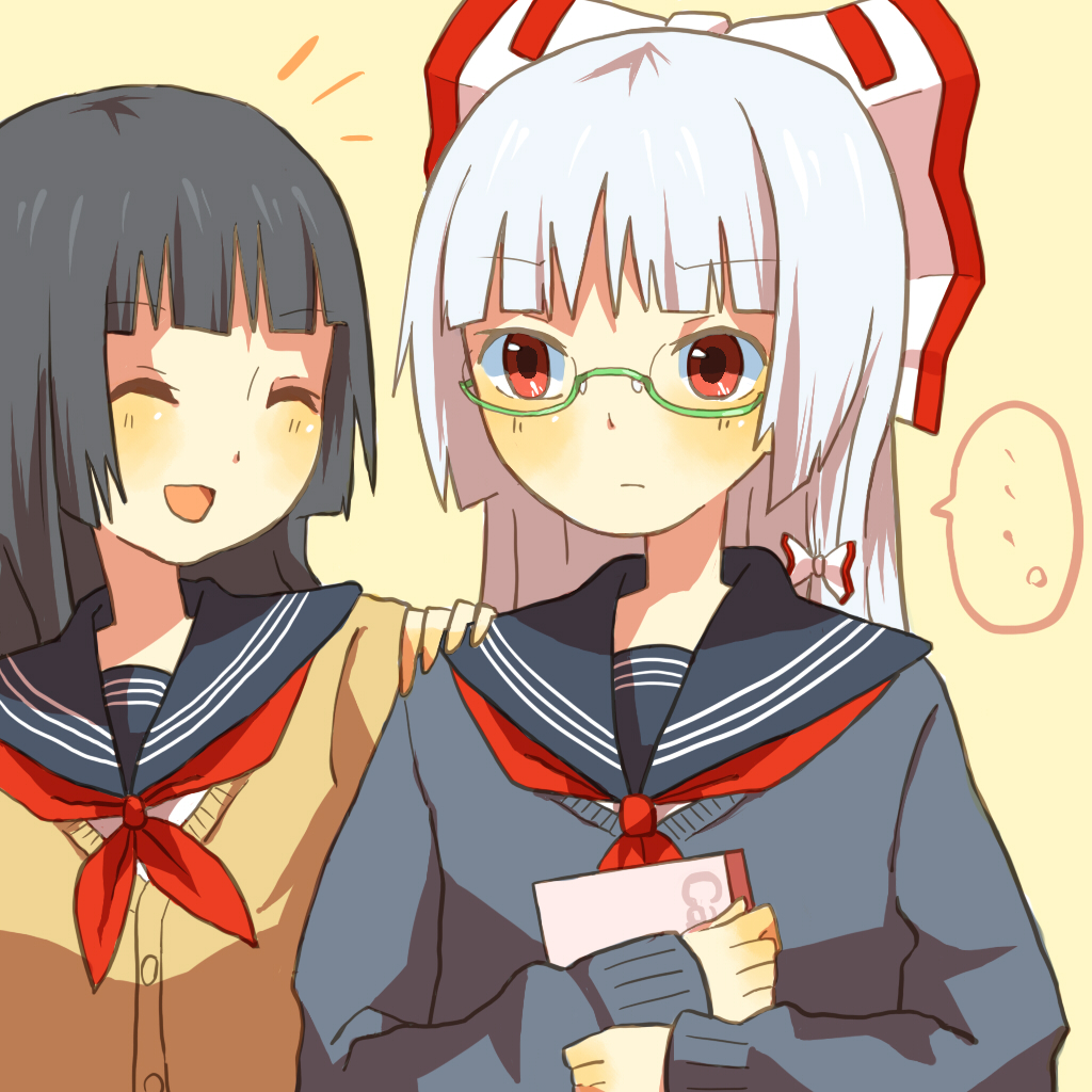 orange (artist), orange (bibiko), fujiwara no mokou, houraisan kaguya, touhou, bad id, bad pixiv id, 2girls, alternate costume, bespectacled, contemporary, female focus, glasses, multiple girls, school uniform, serafuku