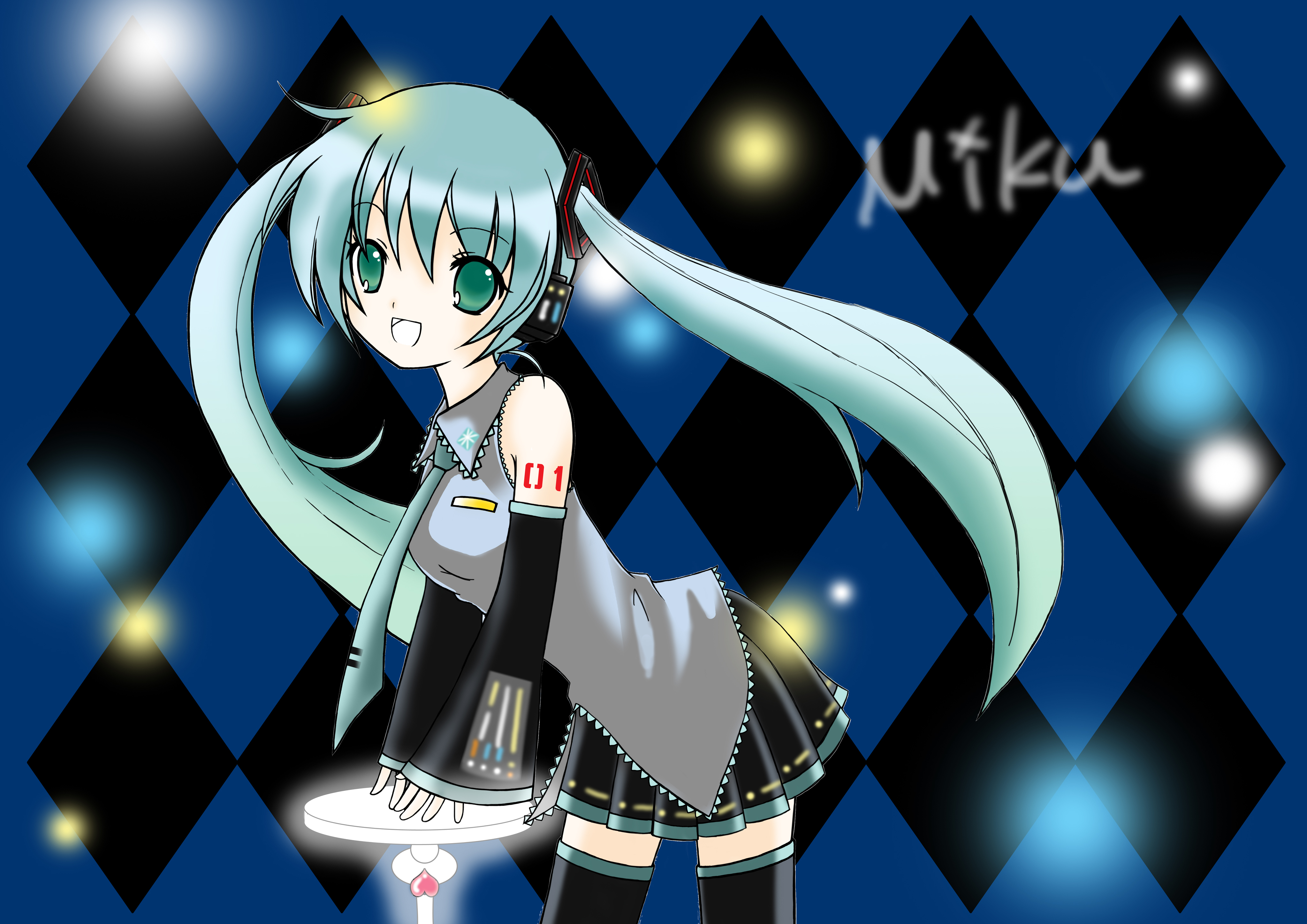 sase, hatsune miku, vocaloid, absurdres, highres, detached sleeves, green eyes, green hair, long hair, necktie, skirt, solo, thighhighs, twintails, very long hair, zettai ryouiki
