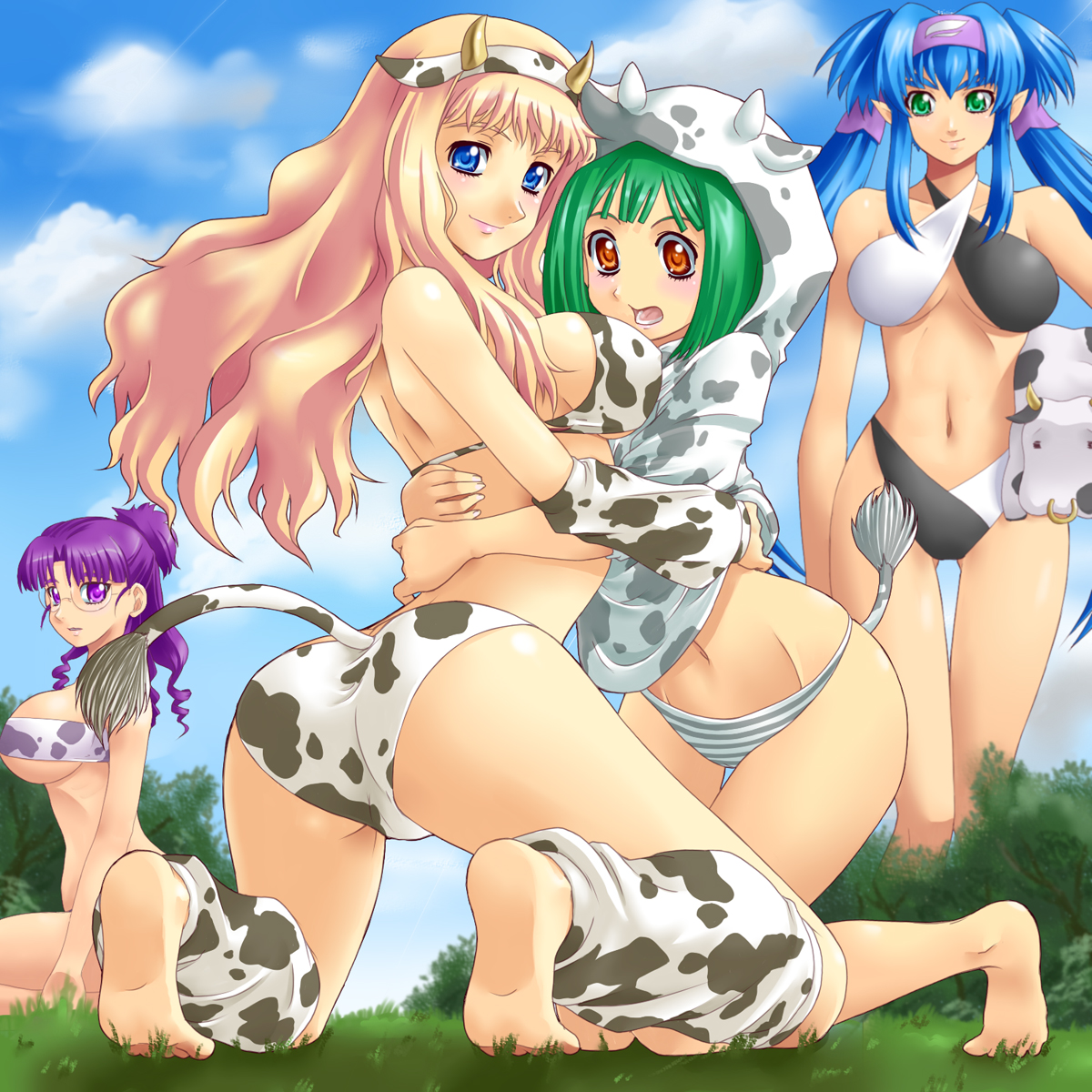 yaso shigeru, klan klein, matsuura nanase, meltrandi, ranka lee, sheryl nome, zentradi, macross, macross frontier, highres, 00s, 4girls, akeome, animal print, ass, bandolero, barefoot, bikini, blonde hair, blue eyes, blue hair, blush, breasts, cow, cow girl, cow print, day, drill hair, feet, giant, giantess, glasses, green eyes, green hair, halterneck, happy new year, horns, hug, huge breasts, long hair, multiple girls, new year, orange eyes, panties, purple eyes, purple hair, red eyes, striped clothes, striped panties, stuffed animal, stuffed toy, swimsuit, tail, twintails, underwear