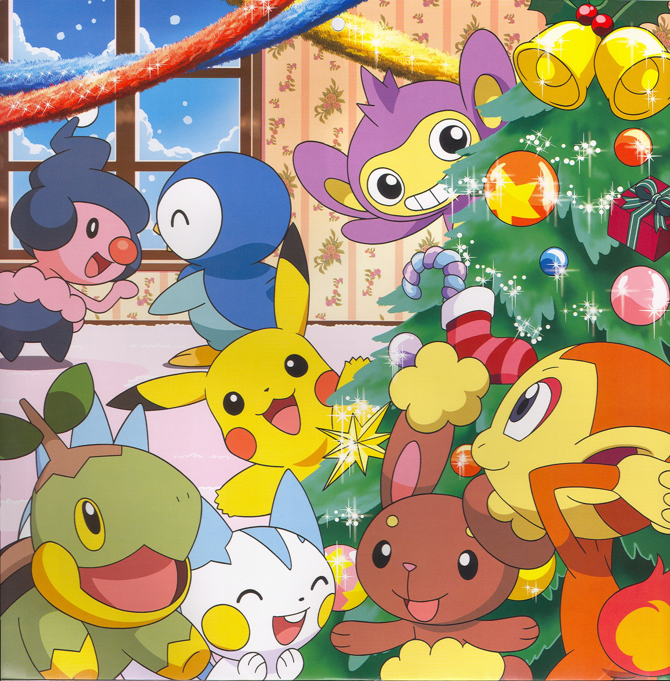 aipom, buneary, chimchar, mime jr., pachirisu, pikachu, piplup, turtwig, nintendo, pokemon, highres, christmas, gen 1 pokemon, gen 2 pokemon, gen 4 pokemon, no humans, pokemon (creature), starter pokemon trio