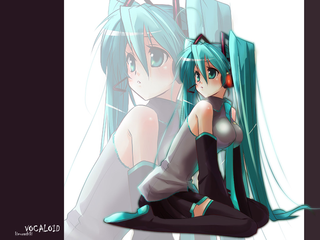 kimura shiki, hatsune miku, vocaloid, 1girl, aqua eyes, aqua hair, breasts, detached sleeves, female focus, headset, large breasts, long hair, necktie, sitting, skirt, solo, thighhighs, twintails, very long hair, zettai ryouiki